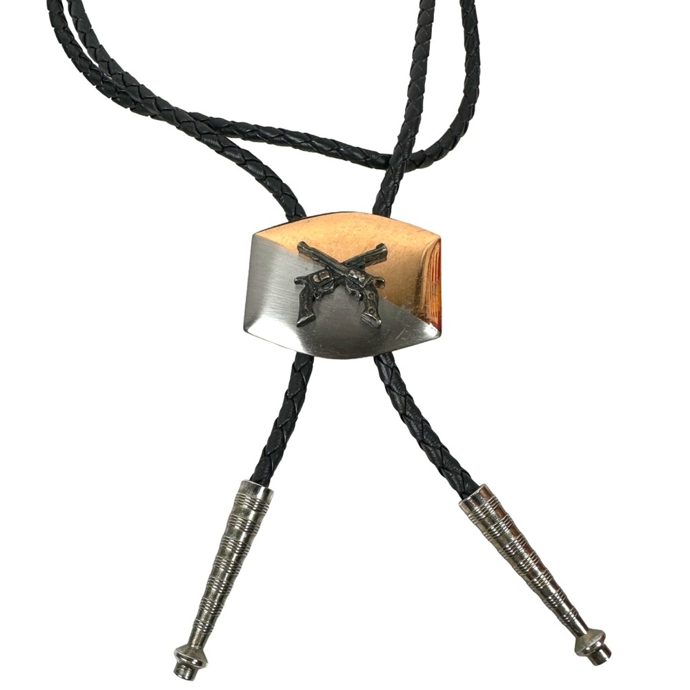 Bolo tie pistol western cowboy Black‎ Silver leather gun revolver braided gold